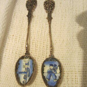 VTG 50'S KLEPA ARTS CZECH SILVER PLATED & BLUE PORCELAIN SPOONS, $EACH